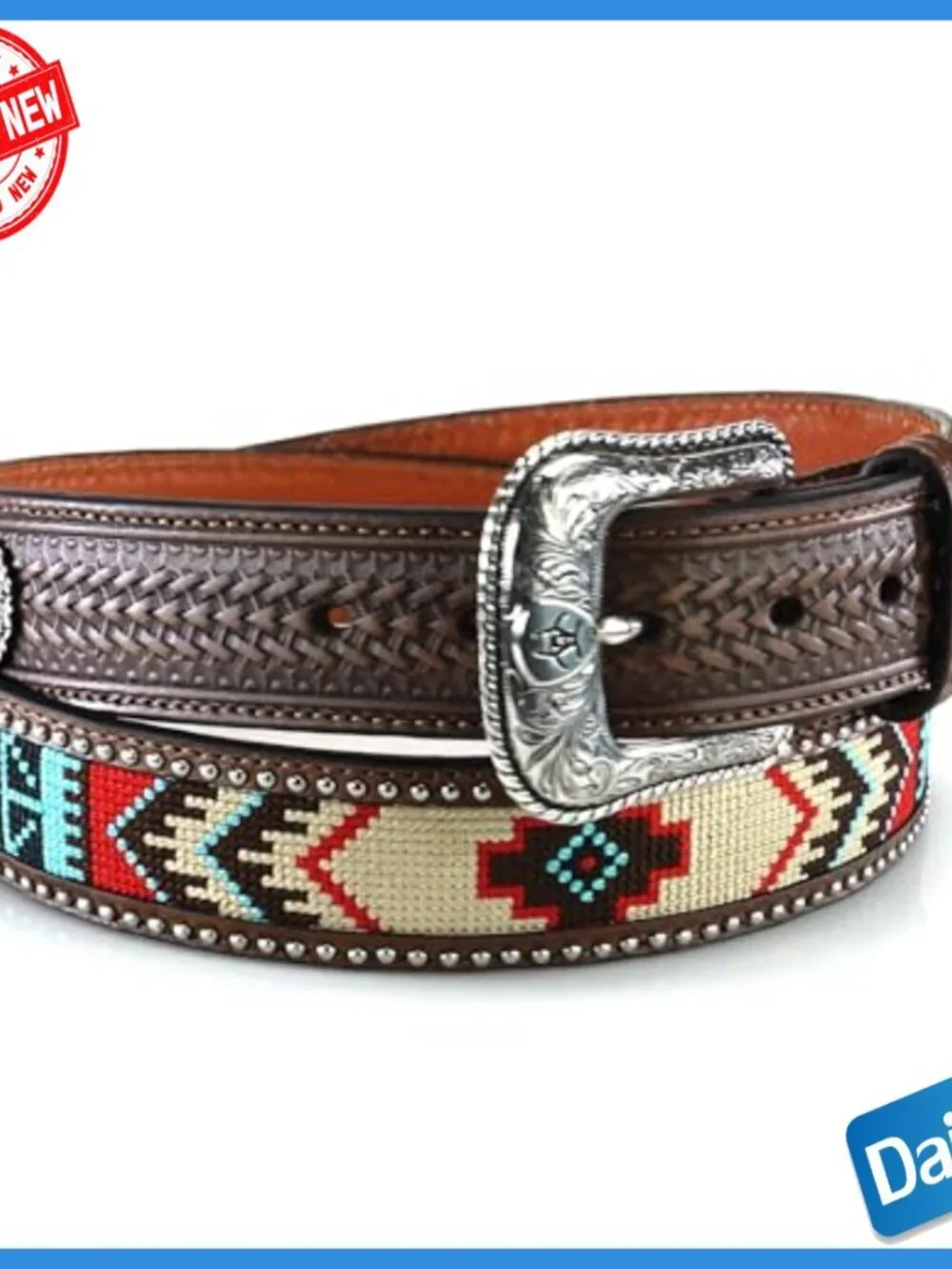 Men's Genuine Leather Western Belt with Embroidered Pattern, Size 44